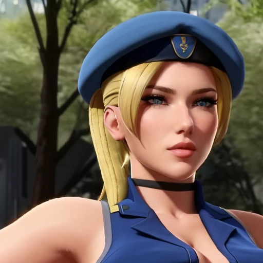 <lora:PureOnyxFemaleCopV2Lora:0.6> woman, blonde, hair, ponytail, beret, uniform, a woman standing in a park wearing a tank top and jeans, close up upper body