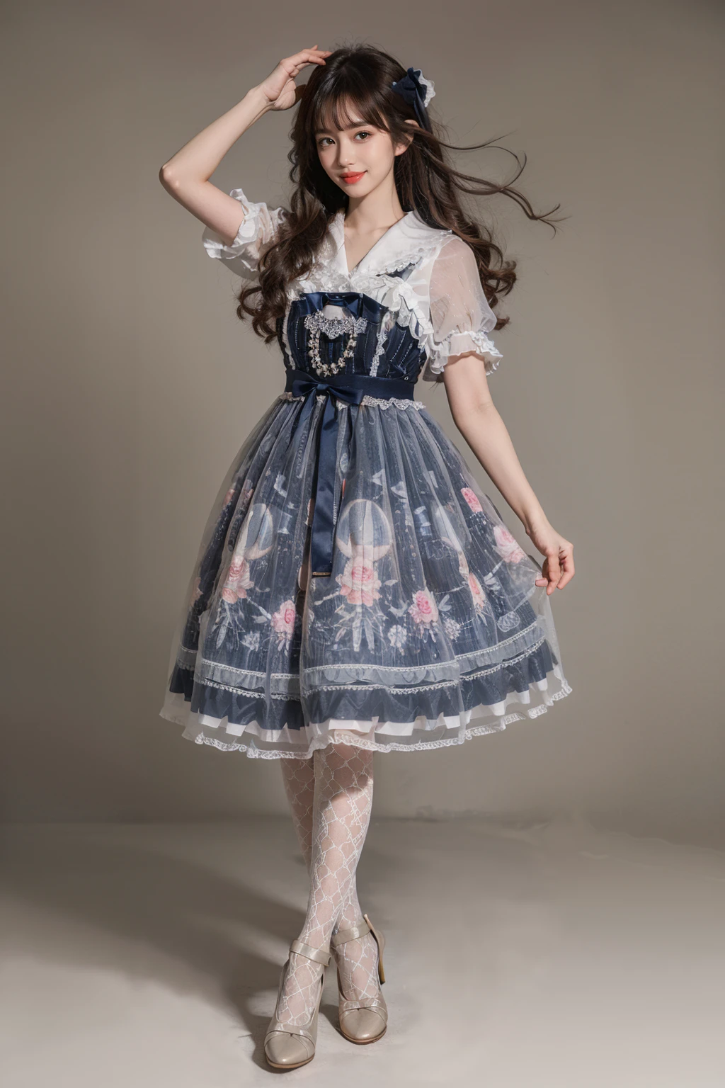 best quality, masterpiece, photorealistic, 1girl, solo, full body, standing, long black straight hair, blunt bangs, looking at viewer, smile, cyb dress, high heels, white thighhighs, arm up, simple background, <lora:beautiful_dress_collection_vol1_style1:0.7>