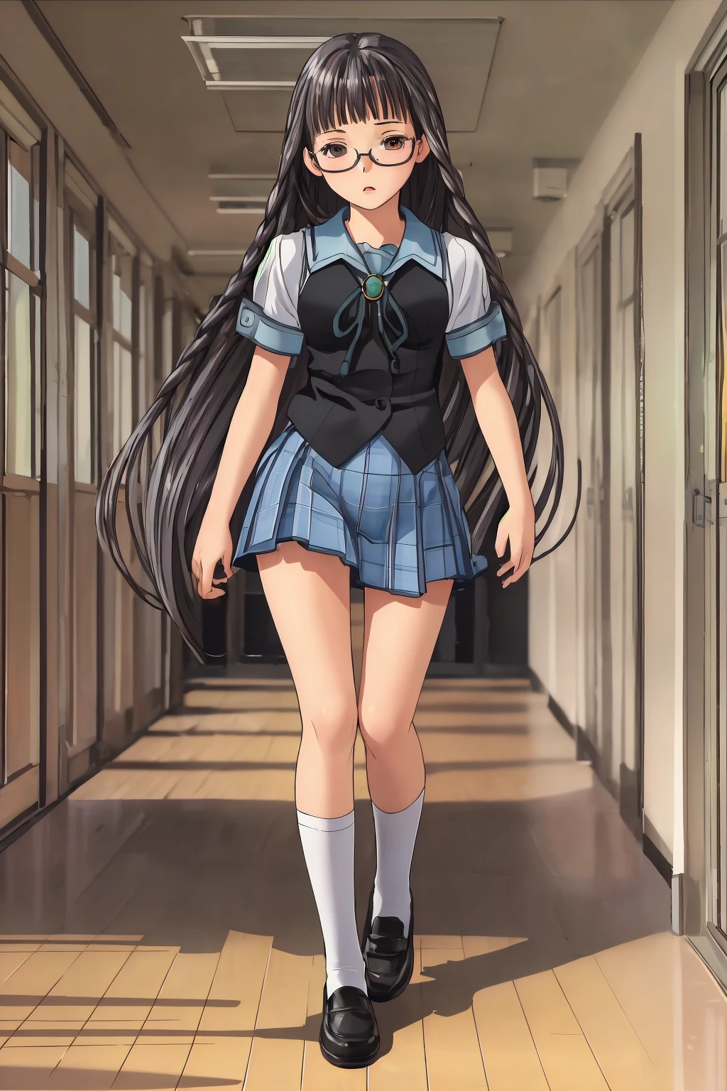 masterpiece, best quality, solo, 1girl, (full body, walking through school hallway:1.5),<lora:Sakajo_Hikaru_v2-000190:0.9:lbw=MIDD>, glasses, black hair, school uniform, serafuku, plaid skirt, twin braids, red eyes, blue sailor collar, white lace panties, green brooch, medium breasts, thicc thighs, (black vest:1.2) (very long hair, straight hair:1.5), (white socks, black shoes:1.2), loafers, angled view,