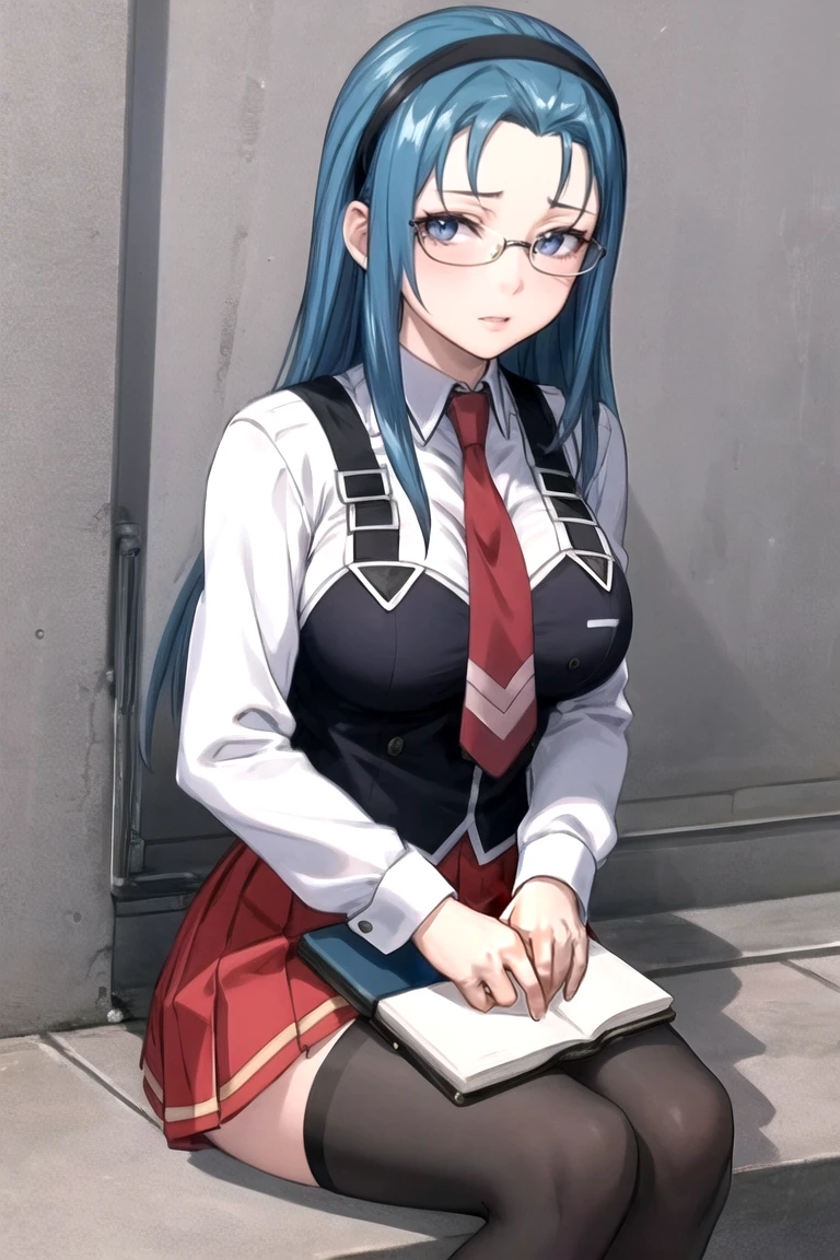 sitting,
masterpiece, best quality, high quality, highres, outdoors, day, upper body, looking at viewer, solo, focused, BREAK,
FAP_BibleBlack_JunkoMochida_ownwaifu, bible_black,
1girl, long hair, blue hair, hairband, breasts, large breasts, blue eyes, rimless eyewear, very long hair,
skirt, thighhighs, long sleeves, school uniform, necktie, glasses, zettai ryouiki, red necktie, suspenders, red skirt, pleated skirt, black_vest, vest,
<lora:FAP_BibleBlack_JunkoMochida_ownwaifu:0.8>