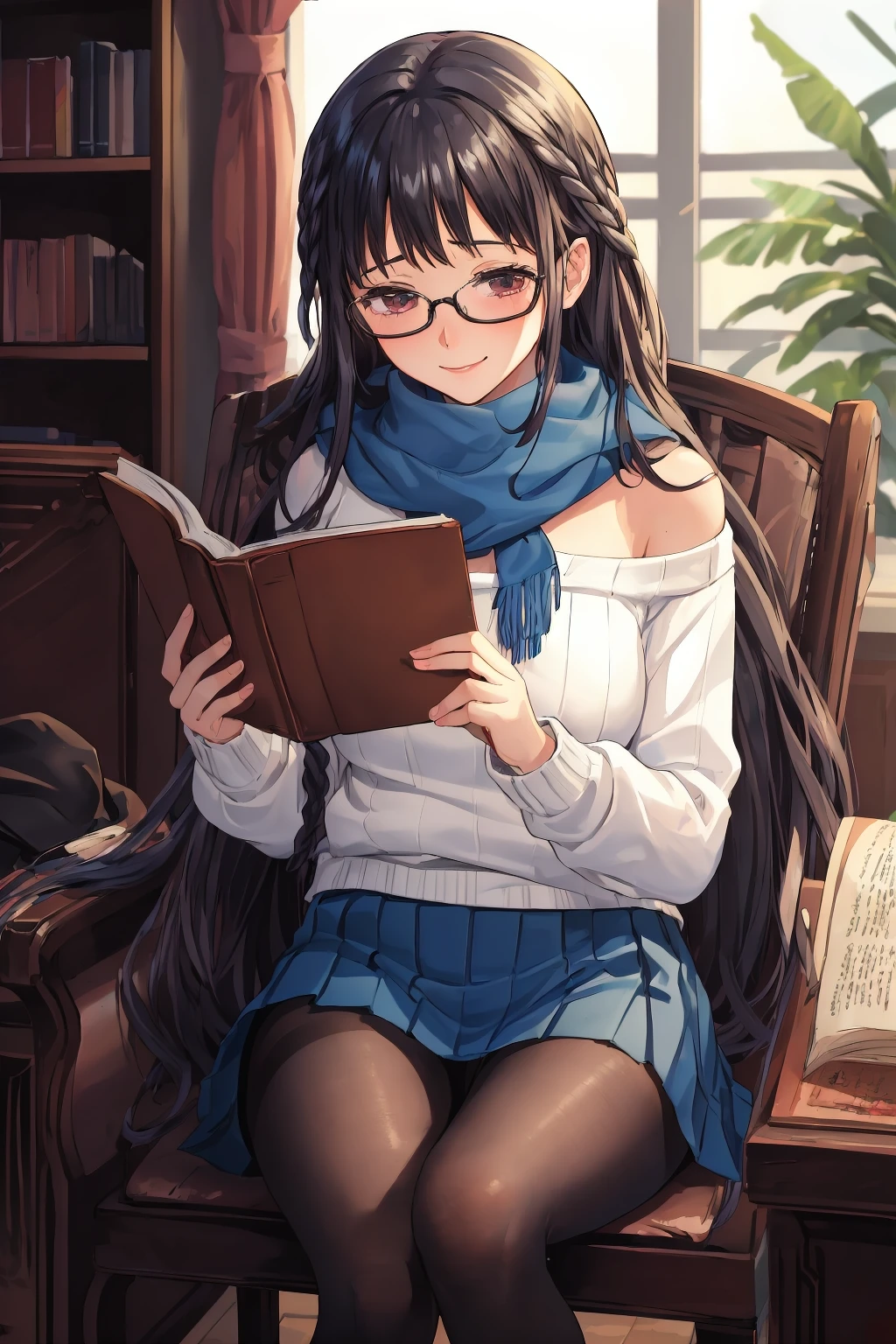 masterpiece, best quality, 1girl, solo, public library, shelves of books, <lora:Sakajo_Hikaru_v2-000190:0.7>, glasses, black hair, (wool sweater, white sweater:1.5), off-shoulder, lack bra straps, twin braids, red eyes, (thicc thighs:1.2), (very long hair, straight hair:1.5), embarrassed, (shy, insecure:1.5),(pleated skirt, black skirt, black pantyhose:1.5), high-heels, chckered scarf, ribbons, long sleeves, sleeves past wrists, wool hat, sitting, on an antique chair, legs crossed, reading a book, smiling,