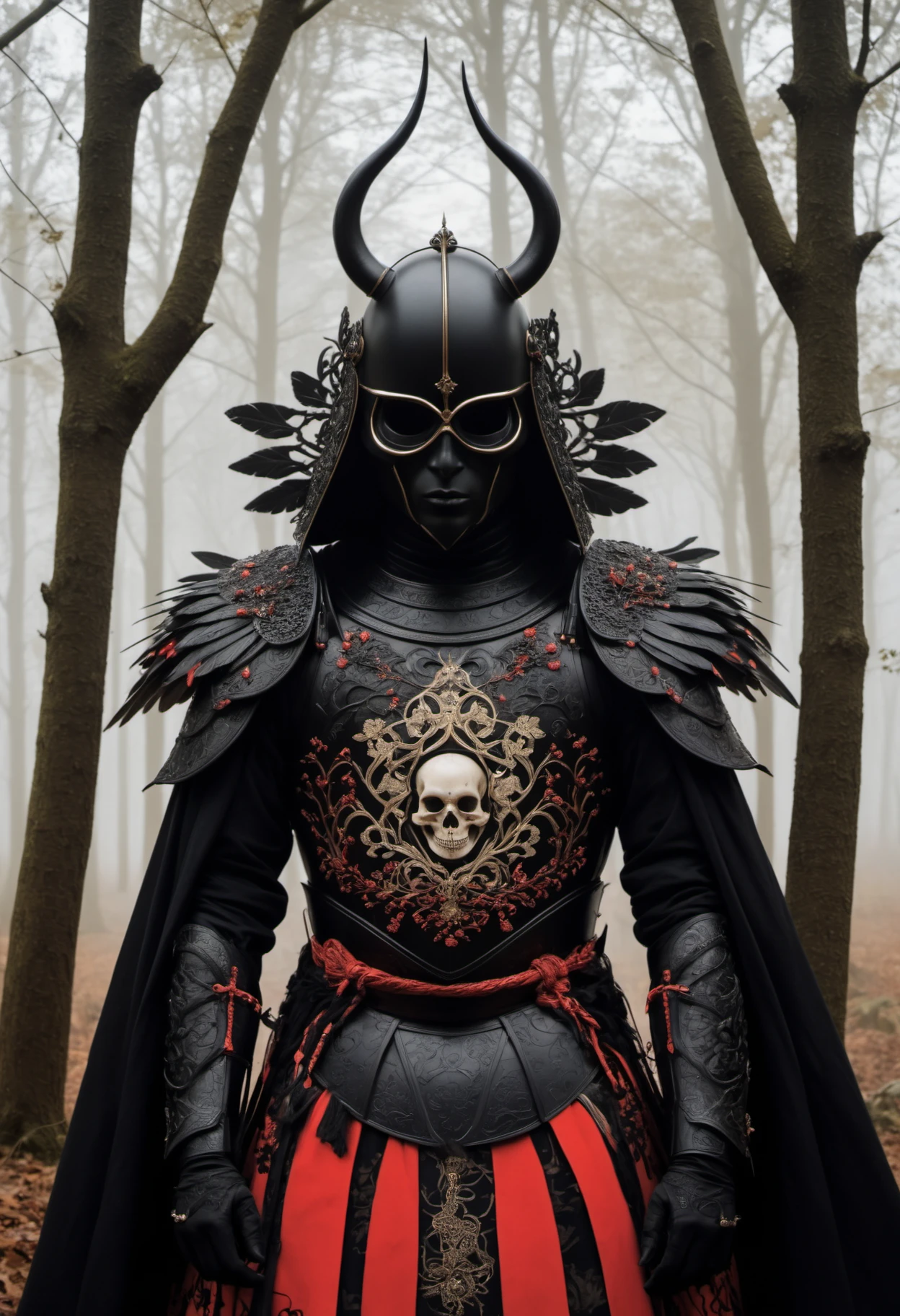 ( 8k, gradient art by Harry Clarke Hayv Kahraman ), (1man:1.3), (night), body portrait, a menacing fully armored black samurai, (intricately filigreed black yoroi, scroll worked ebony armor, full skull styled horned helm, skull face guard:1.3), (black and red symmetrical feathered wings:1.2), in the haunted dark forest, (twisted gnarled trees, ghostly swirling energies:1.3),