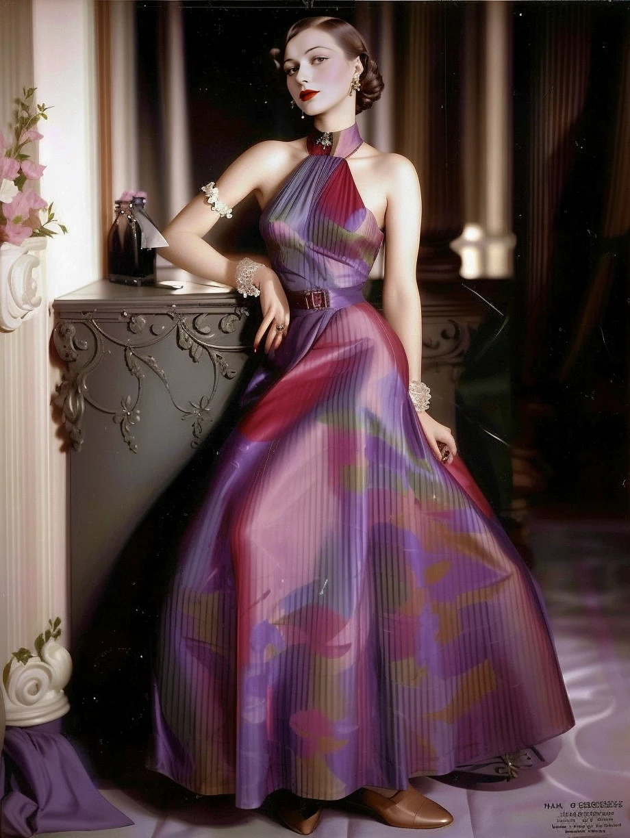 color photo of a woman wearing a dress by Madame Gres at a party, year 1935, detailed face <lora:gres_all_v1:1>