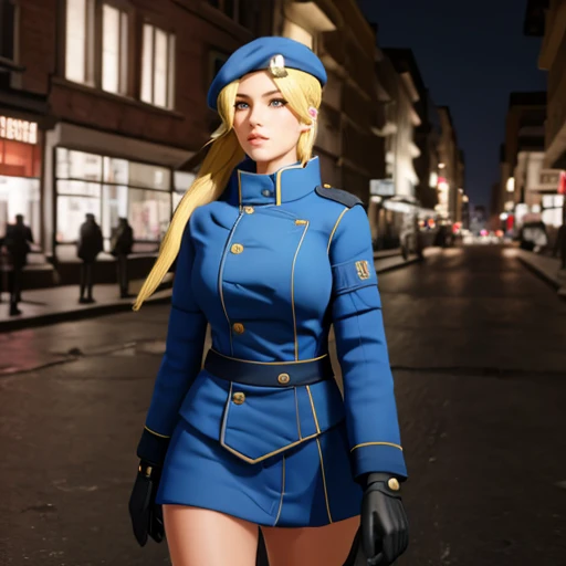 walking in the streets at night<lora:PureOnyxFemaleCopV3Lora:0.8> woman, blonde, hair, ponytail, beret, uniform