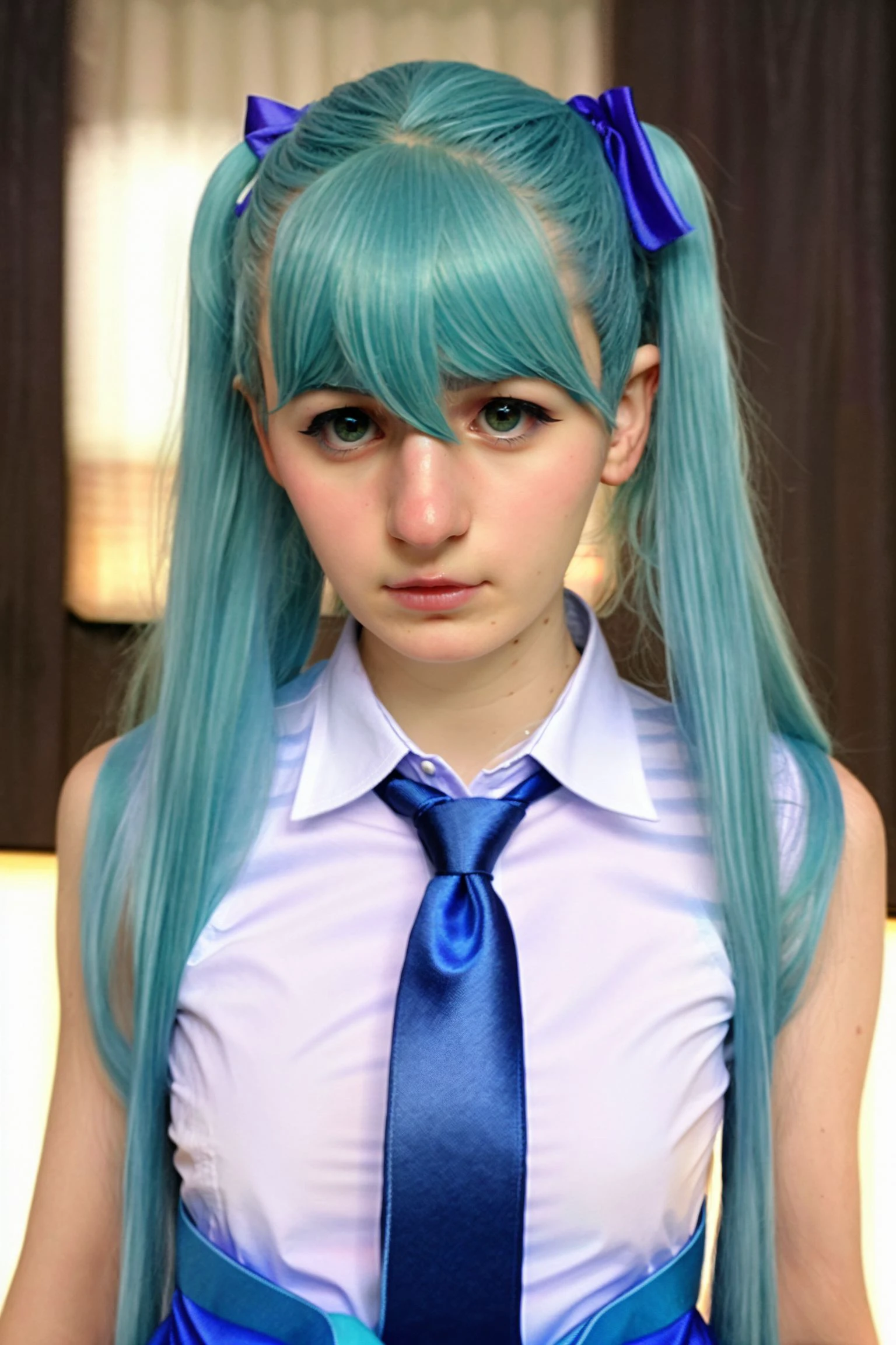 (beauty photo) portrait, rule of thirds,
<lora:Tweetney_SD15_v1.0:1>
photograph <lora:epiCRealismHelper:1>
of woman Tweetney, detailed hatsune miku \(cosplay\), blue tie, Short twin tails blue hair, sleeveless white collared dress shirt, shirt_buttons, (arm warmers:1.1), twin ponytail holders, nervous512,
blurry background, black background, simple background
detailed skin, detailed face, detailed eyes, soft focus,
in style of peter hegre