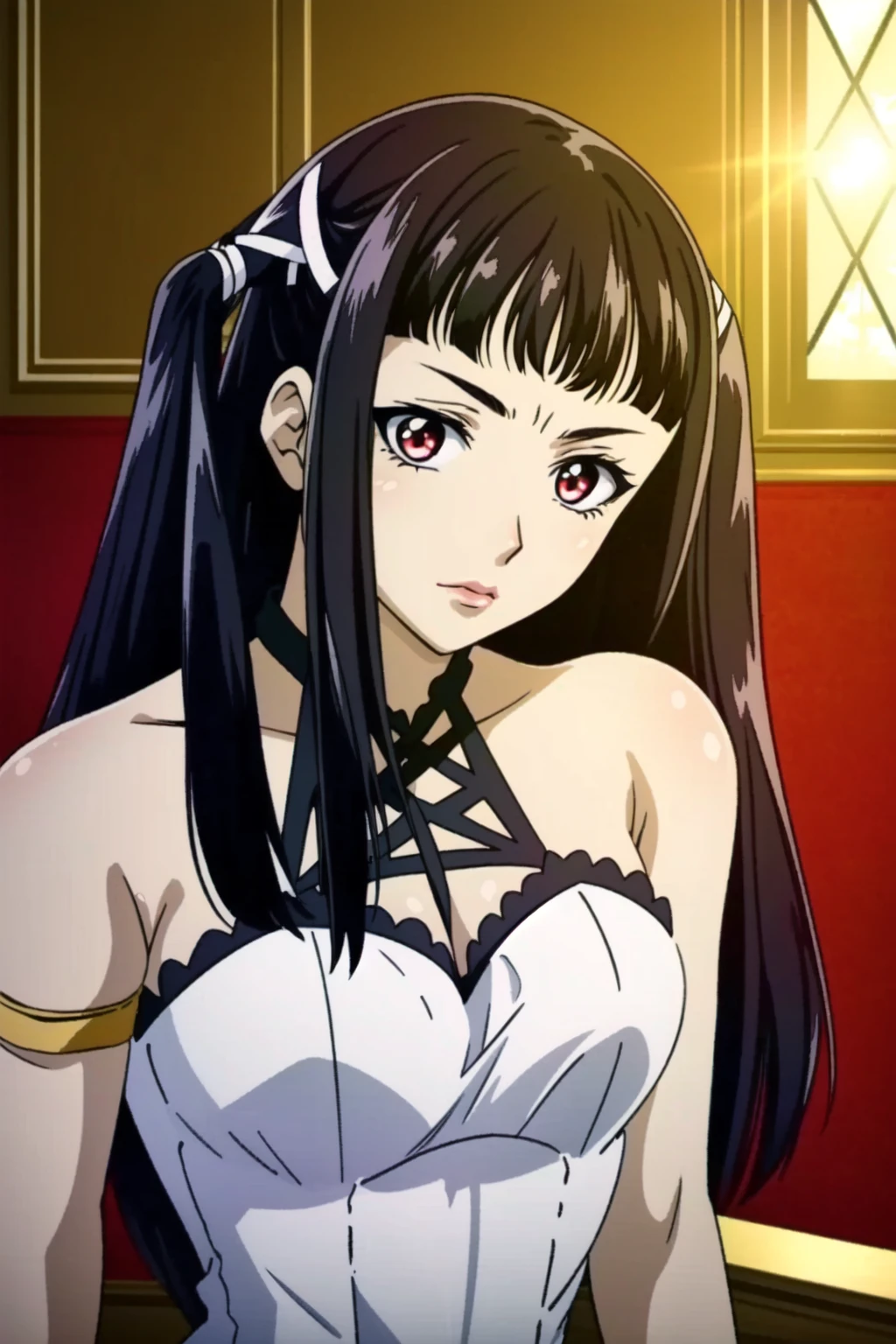<lora:OGT_Ruby_Toujo-v1:1> Ruby Toujo, 1girl, solo, long hair, brown hair, two side up, red eyes, ribbon, blunt bangs, looking at viewer, bare shoulders, bangs , hour glass body, ((dress, shoulderless dress)) ,indoors, dutch angle, upper body, looking at viewer, red eyes, perfect lighting, ((shining face, shining body)), perfect face, make up, eye shadow, lip gloss, ((gorgeous)), Extremely beautiful, perfect, (masterpiece:1.2), (best quality:1.2), cinematic, perfect skin, perfect lighting, textured skin, detail, beauty, overall, sharp focus, ultra-detailed, illustration, perfect face, ((gorgeous)), Extremely beautiful, perfect, detailed background, seductive, alluring, ((Shonen Style)), (detailed background, intricate background:1.1), beautiful, ((Extremely Detailed)), ((Best Quality)), ((Masterpiece)), ((HDR, UHD, 4k))