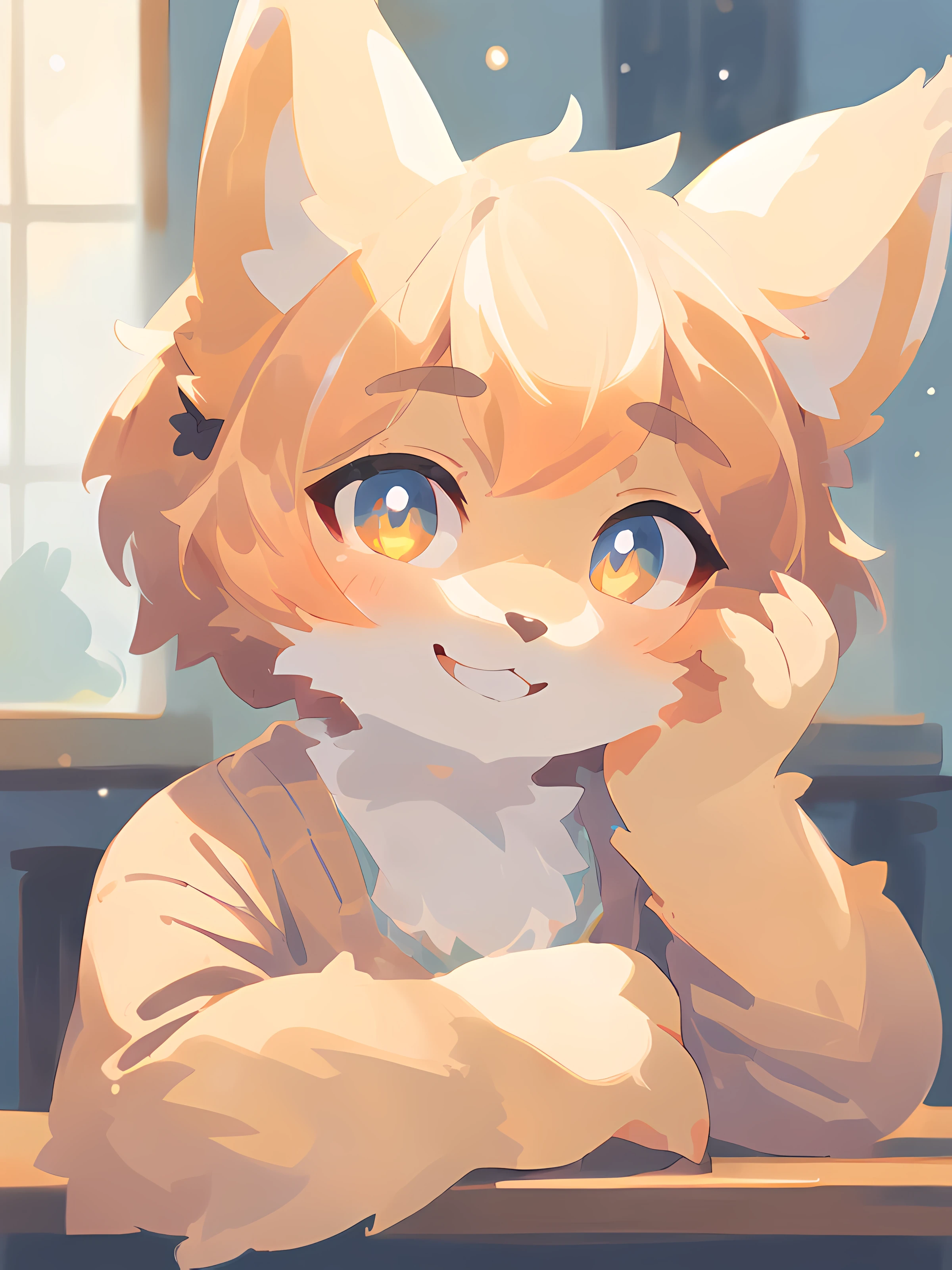 1girl, solo, table, star eyes, cardigan, bow, star shaped pupils, looking at viewer, smile, a hand on face, short hair, (best quality, masterpiece, illustration, ultra-detailed:1.3), (uploaded on e621, furry, anthro, kemono:1.3)