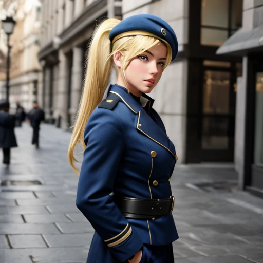 <lora:PureOnyxFemaleCopV3Lora:0.5> woman, blonde, hair, ponytail, beret, uniform