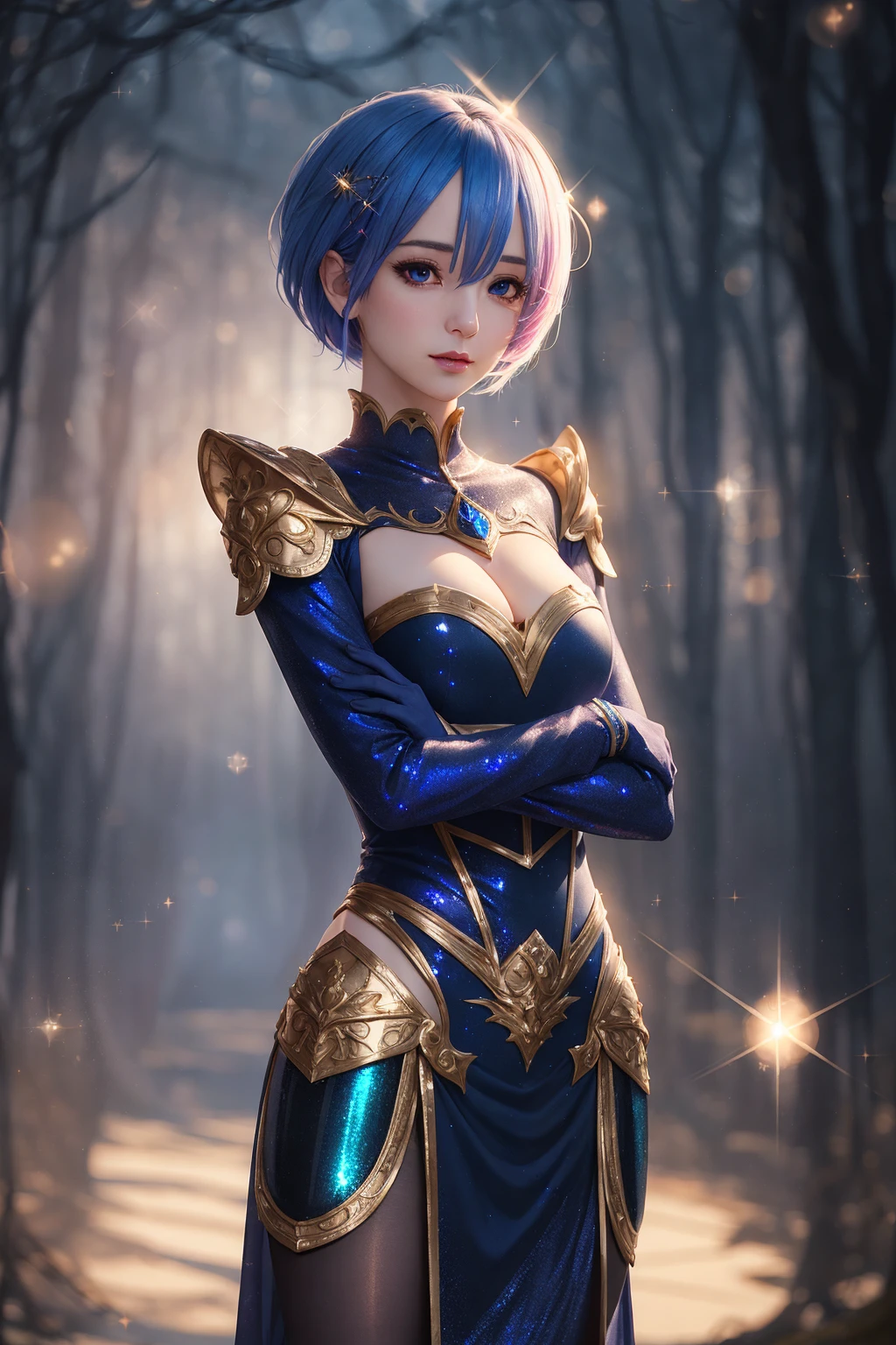 a beautiful Rem\(rezero\), armor outfit, volumetric lighting, 
seductive expression, half body, looking at viewer, bokeh, nature, (sparkling:1.75), masterpiece, amazing intricate finely detailed, volumetric lighting, ultra-HD, UHD, 8K, 16K