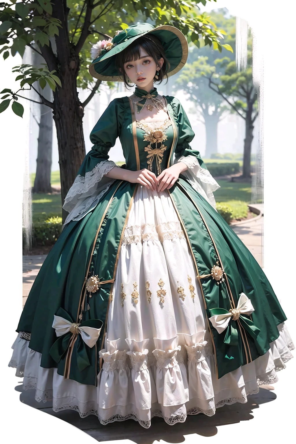 <lora:wrenchrococodome:1>, wrenchrococodome, hat, hat ornament, Forest Green color dress, pixie cut, surprise, hat flower, full body,
