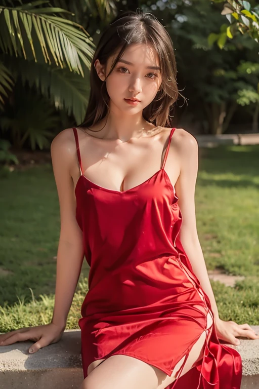 masterpiece,best quality,absurdres,highres,4k,ray tracing,perfect face,perfect eyes,intricate details,highly detailed,
1girl,moyou,looking at viewer,sexy pose,full body,private garden,
<lora:Lace-up Side-slit dress:0.8>,cococola,red dress,
