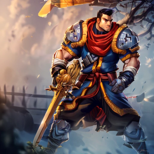 (((a swordfighter on a battlefield swinging his large golden sword, full body)))<lora:GarrisonBattleChasersLoraV1:0.9> man with black hair, blue orange armor, red cape, sword in hand highres, ultra detailed:1.3, 4k, high quality, ultra realistic, sharpen image, extremely detailed CG unity 8k wallpaper, 24mm, exposure blend, hdr, faded, extremely intricate, High Detail:1, Sharp focus, soft cinematic light, looking at viewer, detailed pupils, cute smile, 4k textures, soft cinematic light, cinematic look, insane details, hyperdetailed, Highly detailed