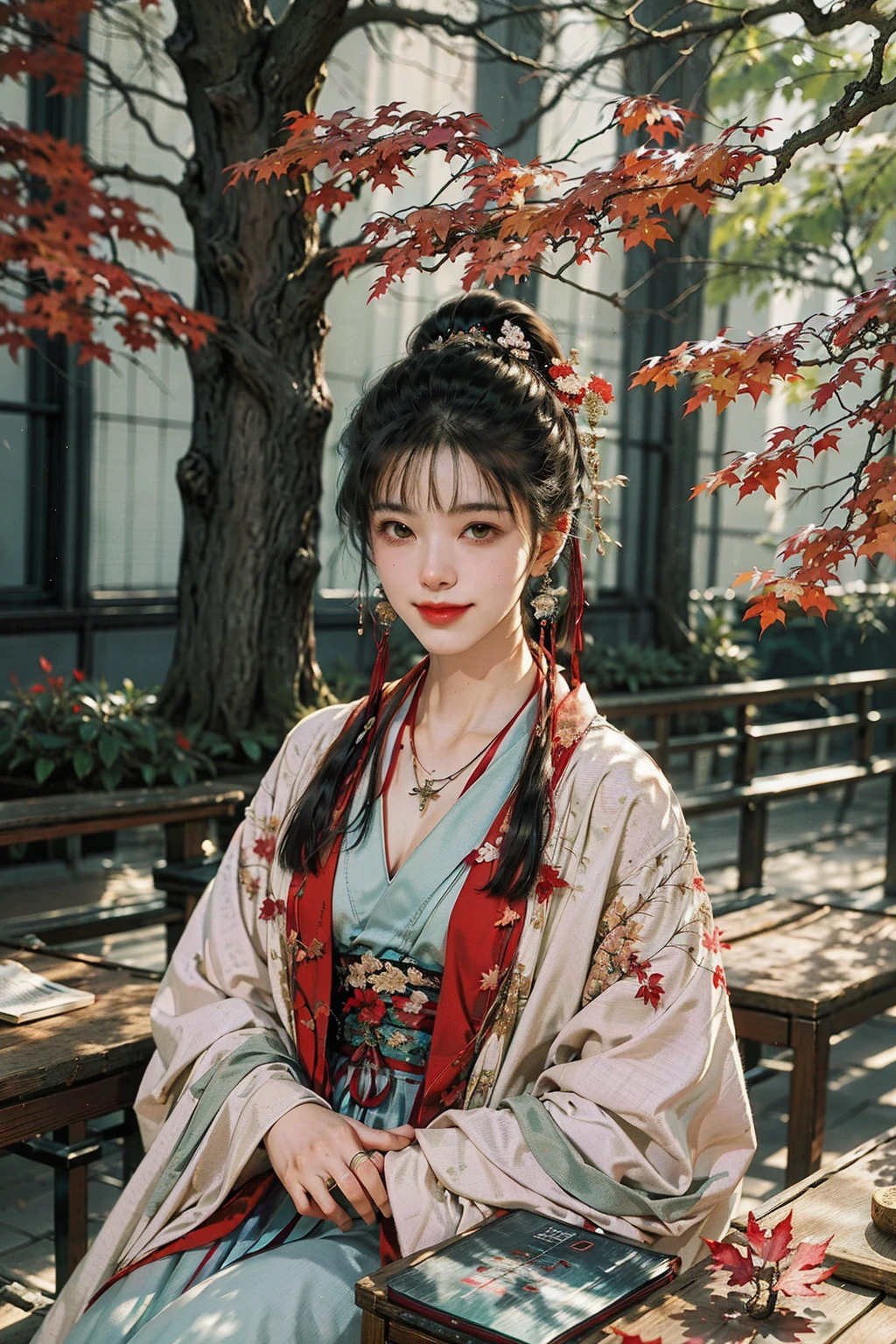 a woman in a kimono sitting under a tree with red leaves on it's branches and a book on a table, 1girl, black hair, solo, sitting, jewelry, hair ornament, chinese clothes, holding, book, hanfu, long hair, leaf, bangs, smile, earrings, long sleeves, branch, maple leaf, necklace, table, norfleetï¼
Best quality,masterpiece,ultra high res,<lora:jyy:0.7>,