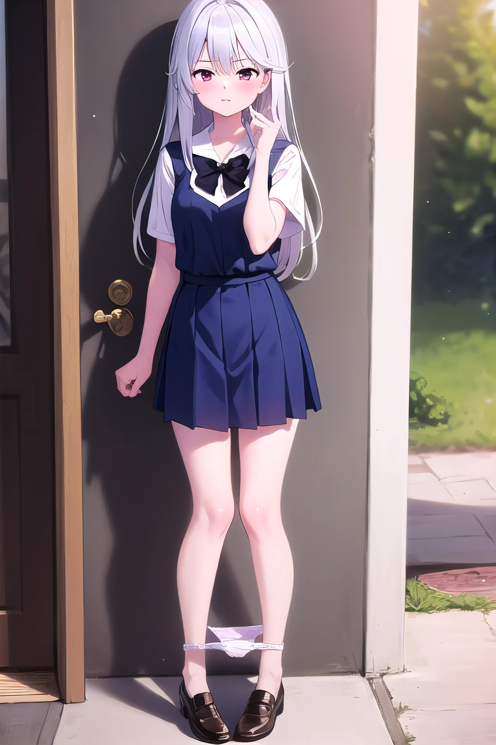 masterpiece, best quality, ultra-high-detailed, panties around ankles, panties pulled down, one pair of panties around ankles, 1girl,  kazami kazuki, silver hair, long hair, purple eyes, black bow, school uniform, standing