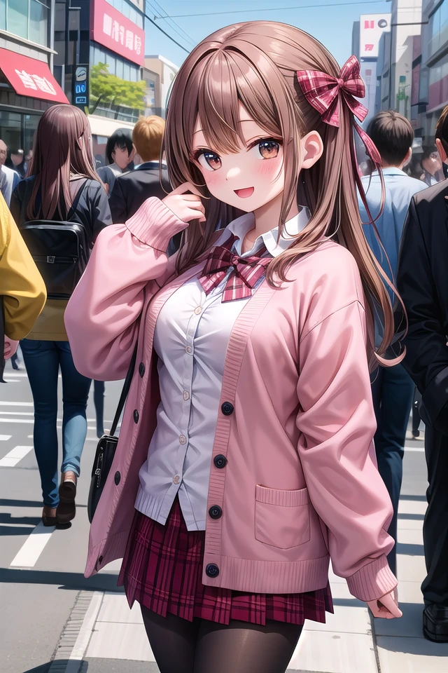 insanely detailed, absurdres, ultra-highres, ultra-detailed, best quality,
1girl, solo, nice hands, perfect hands,
BREAK
(School Uniforms:1.2), (pink cardigan is fit body:1.4), ((do up a buttons, not loose):1.5), ((long sleeve, sleeves past wrists):1.2), (inner wear is white collared-shirt:1.3), (red plaid-pattern bow:1.3), (red plaid-pattern pleated skirt:1.3), ((dark-brown pantyhose, loafers):1.2) ,
BREAK
happy smile, laugh, open mouth, standing,
from side,
cute pose, cowboy shot,
BREAK
slender, kawaii, perfect symmetrical face, ultra cute girl, ultra cute face, ultra detailed eyes, ultra detailed hair, ultra cute, ultra beautiful,
BREAK
in harajuku, shibuya, tokyo, street, crowd, cityscape,
BREAK
medium large breasts,
(brown hair, brown eyes), hime cut