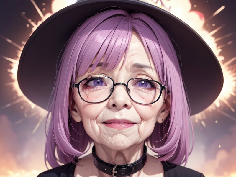 red_sky, (nerunerunerune:1.2), (smile:1.2), 80 years old woman, (An old woman with nasolabial folds on her face:1.5), in a witches hat with collar, a hologram, detailed face, magical realism, upper body, (one big illuminates exploding light neon behind her:1.2), Stir purple cream sprinkle candy, Glasses, modern_girl_hair, (shrug:1.3)