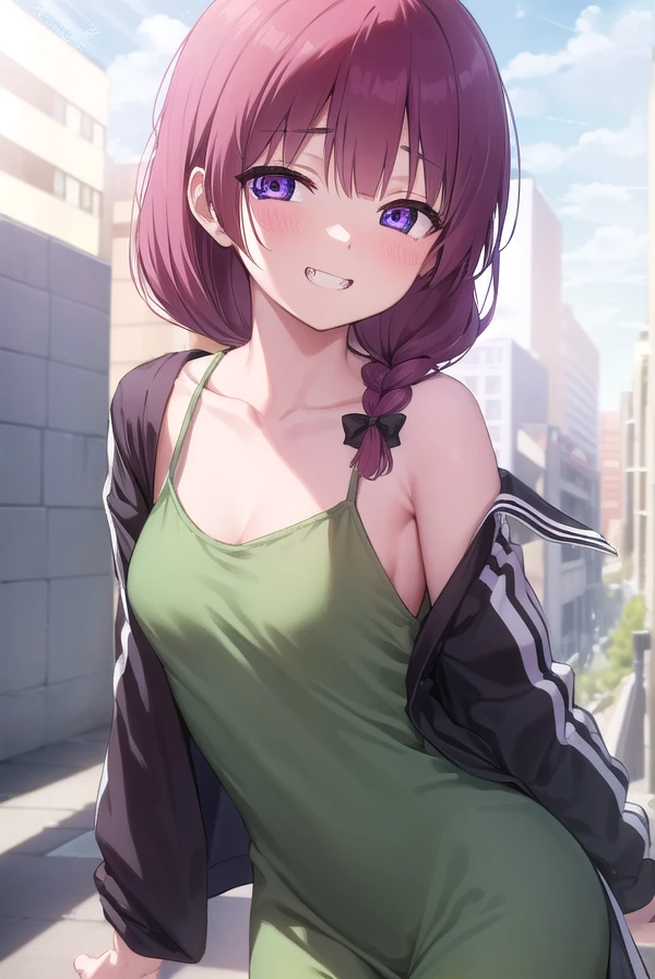 BREAK looking at viewer, BREAK (masterpiece:1.2), best quality, high resolution, unity 8k wallpaper, (illustration:0.8), (beautiful detailed eyes:1.6), extremely detailed face, perfect lighting, extremely detailed CG, (perfect hands, perfect ???????),city,buildings,street, neon lights,wet road,reflections,night,kikuri hiroi, black bow, blunt bangs, braid, closed eyes, fang, hair bow, hair over shoulder, long hair, purple hair, sidelocks, single braid,small breasts,
black jacket, brown footwear, collarbone, wet dress, green dress, jacket, long sleeves, open clothes, open jacket, raglan sleeves, white sleeves,upper body, nipples see through.