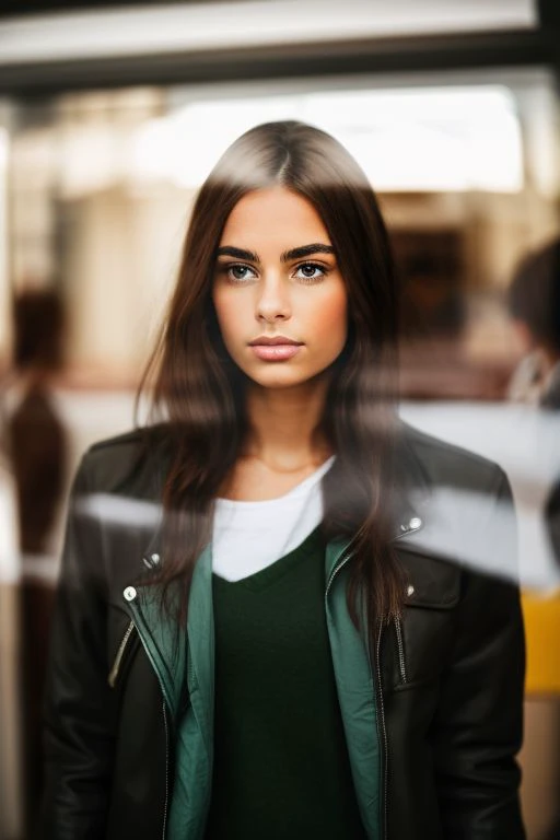 'p3x3ls style photo', a young woman with a jacket behind a glass