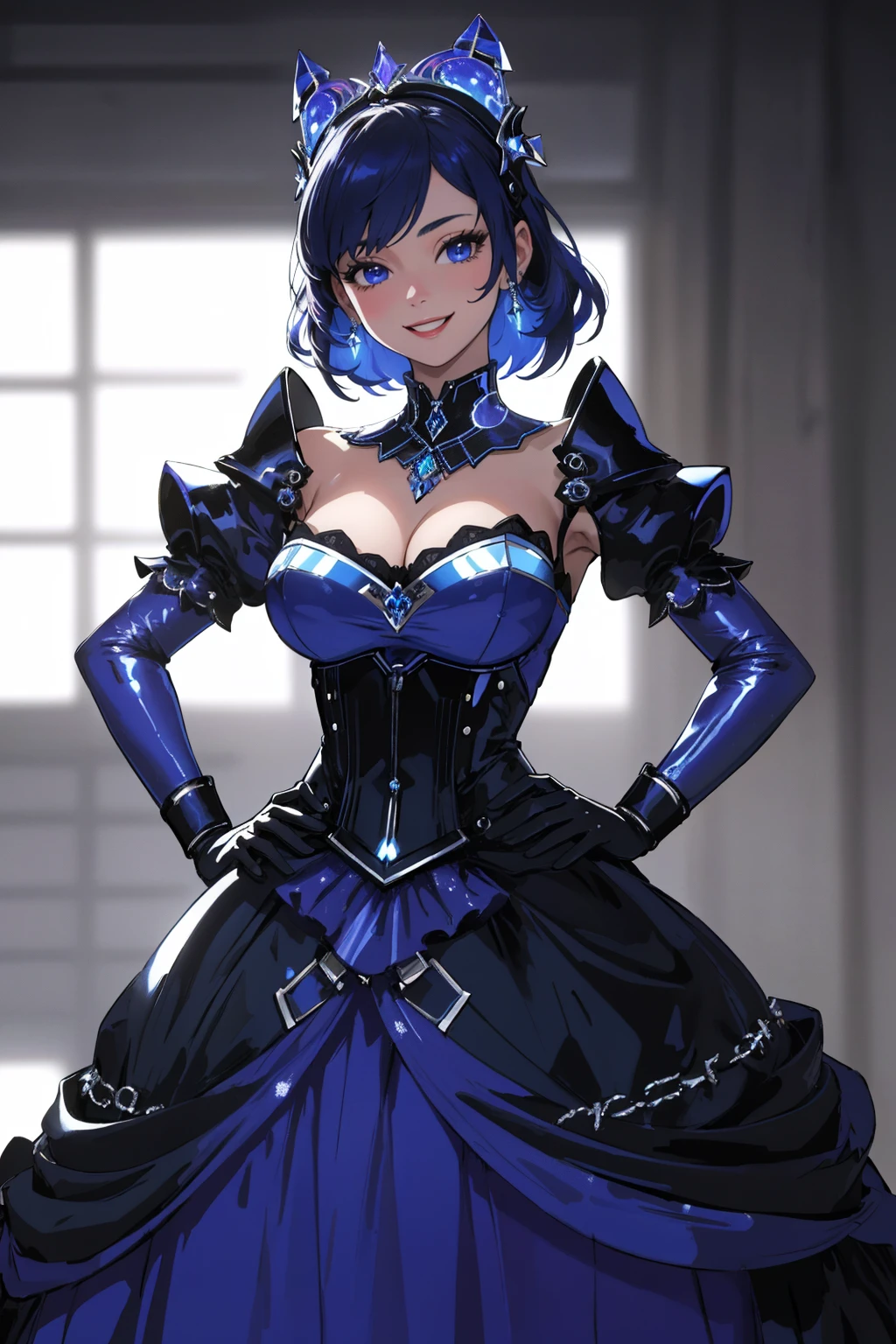 ((Masterpiece, best quality,edgQuality)),solo,1girl,smiling,excited,hands on hip,
ballgown,a woman with a blue face and a clear helmet ,wearing edgFut_clothing and [futuristic headpiece|visor] ,wearing a ballgown, neons, electric circuits 
 <lora:edgFuturisticGown:1>