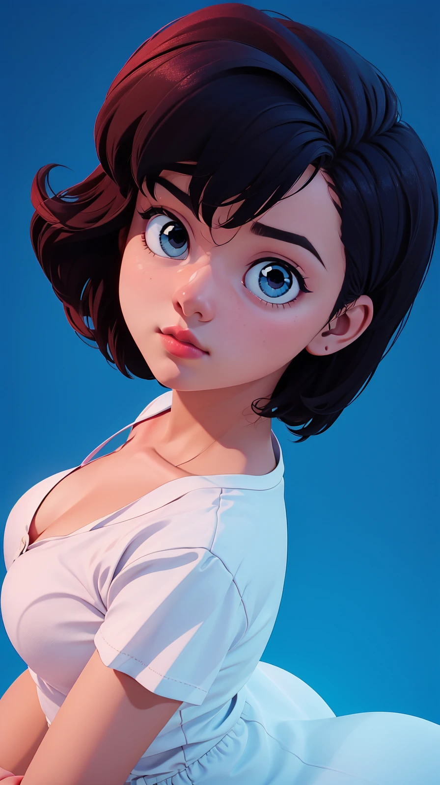 1girl, solo, tendounabiki, <lora:TendouNabiki:0.8>, short hair, looking at viewer, blue background, simple background, kkw-ph1, <lora:top_view_perspective:0.7>