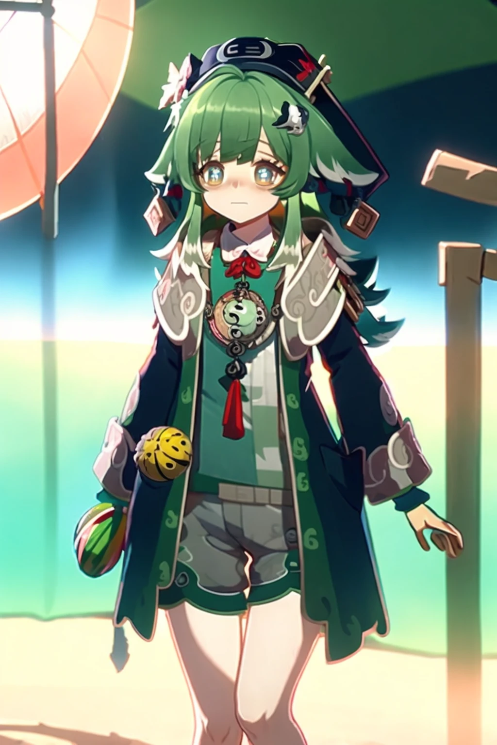 <lora:hohoHSR_00_02:1.4>, (masterpiece), (best quality), (detailed background, best lighting), ultra-detailed, highly detailed, (blush), solo,
<BRAKE>
(beach:1.4), on stone, on grass, on beach, (colorful flowers), shadow, sunlight, warm, side lighting,
<BRAKE>
hohoo, 1girl, green hair, long hair, jewelry, green eyes, standing, shirt, shorts, hat, looking at viewer, animal ears