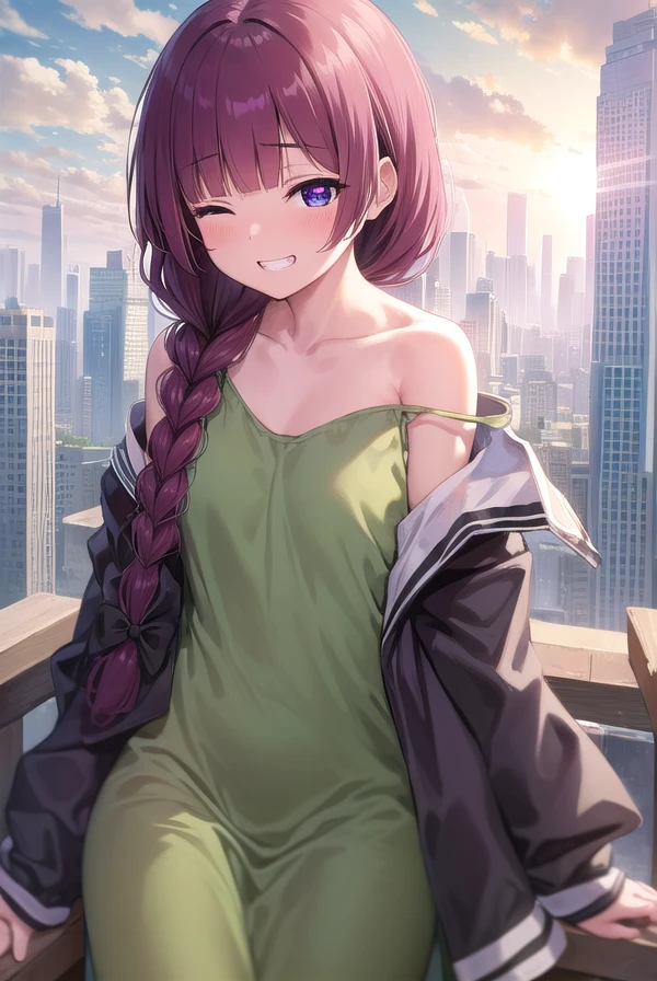hiroikikuri, <lora:kikurihiroi-lora-nochekaiser:1>, 
kikuri hiroi, black bow, blunt bangs, braid, closed eyes, fang, hair bow, hair over shoulder, long hair, purple hair, sidelocks, single braid, smile, grin, fangs,  teeth,
BREAK black jacket, brown footwear, collarbone, dress, green dress, jacket, long sleeves, open clothes, open jacket, raglan sleeves, sandals, white sleeves,
BREAK outdoors, city, crowd, people,
BREAK looking at viewer, (cowboy shot:1.5), 
BREAK <lyco:GoodHands-beta2:1>, (masterpiece:1.2), best quality, high resolution, unity 8k wallpaper, (illustration:0.8), (beautiful detailed eyes:1.6), extremely detailed face, perfect lighting, extremely detailed CG, (perfect hands, perfect anatomy),