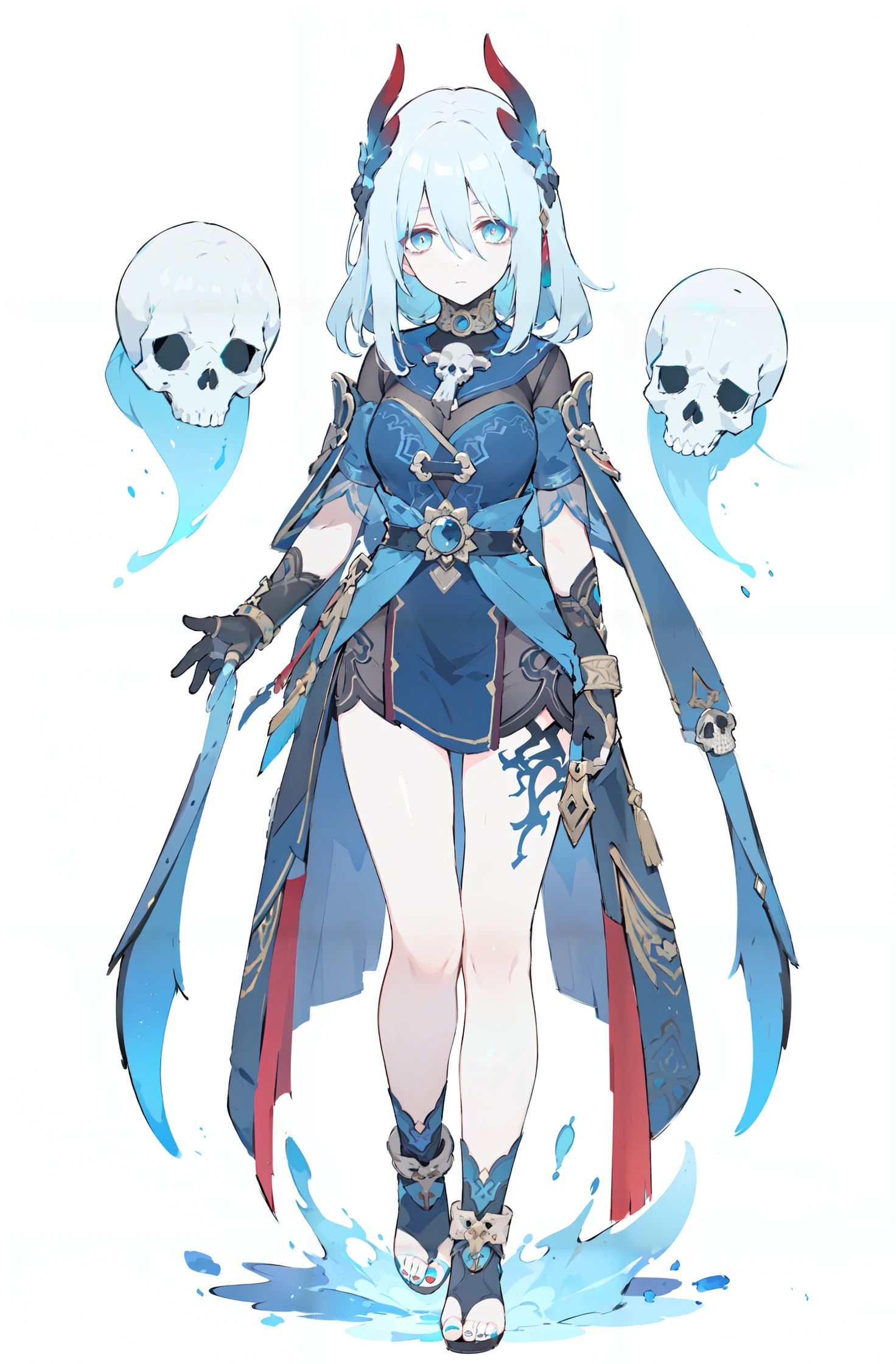 8k, best quality, masterpiece, (ultra-detailed:1.1), (high detailed skin),
(full body:1.4), standing, looking at viewer, (solo:1.3),
(1girl:1.5),solo,serafuku,lycoris flower,(goat skull:1.),(horror),(gloomy),(blue pigment:1.33),(hollow eyes:1.),(expressionless eyes:1.3),cowboy shot,ghost behind,floating animal skull,
<lora:hanya-v100-000027:0.75:lbw=OUTALL>, (hanya, hair ornament:1.1), 1girl, gloves, breasts, toenail polish,makeup,
<lora:EnvyBetterHands LoCon_beta2 è¾
å©:0.55>, ( good hands, nice hands:0.5),
(beautiful_face), ((intricate_detail)), clear face,
((finely_detailed)), fine_fabric_emphasis,
((glossy)), full_shot,