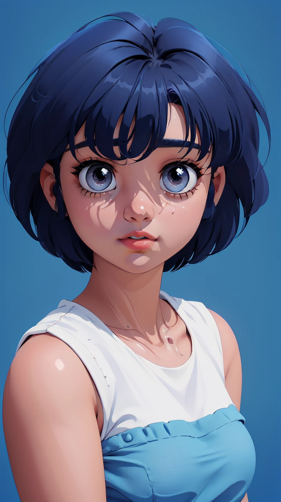 1girl, solo, <lora:TendouAkaneV2:0.8>, tendouakane, short hair, looking at viewer, blue background, simple background, kkw-ph1, <lora:top_view_perspective:0.7>
