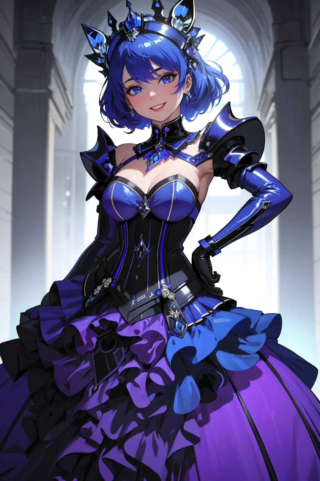 ((Masterpiece, best quality,edgQuality)),solo,1girl,smiling,excited,hands on hip,
ballgown,a woman with a blue face and a clear helmet ,wearing edgFut_clothing and [futuristic headpiece|visor] ,wearing a ballgown, neons, electric circuits,(crustals levitating)
 <lora:edgFuturisticGown:1>
