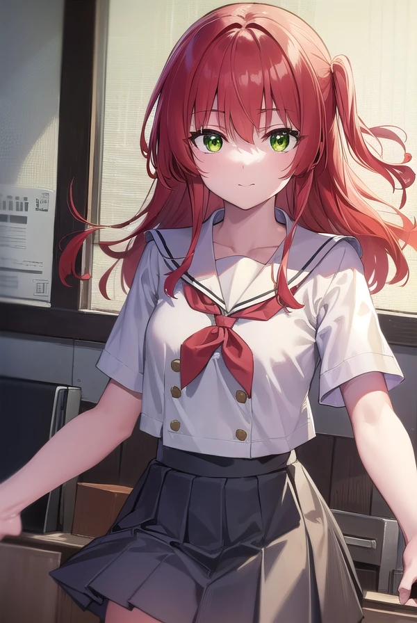 kitaikuyo, <lora:ikuyokita-lora-nochekaiser:1>,
ikuyo kita, (green eyes:1.5), hair between eyes, long hair, one side up, red hair, (flat chest:1.2), smile,
BREAK black footwear, black skirt, grey sailor collar, pleated skirt, sailor collar, school uniform, shoes, short sleeves, shuka high school uniform, skirt,,
BREAK indoors, classroom,
BREAK looking at viewer, (cowboy shot:1.5),
BREAK <lyco:GoodHands-beta2:1>, (masterpiece:1.2), best quality, high resolution, unity 8k wallpaper, (illustration:0.8), (beautiful detailed eyes:1.6), extremely detailed face, perfect lighting, extremely detailed CG, (perfect hands, perfect anatomy),