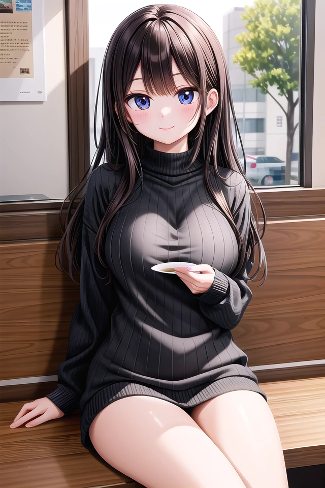 insanely detailed, absurdres, ultra-highres, ultra-detailed, best quality,
1 girl, solo, nice hands, perfect hands,
BREAK,
wearing sweater,
happy smile, laugh, closed mouth,
sitting,
45 angle, cowboy shot, looking at viewer,
BREAK,
slender, kawaii, perfect symmetrical face, ultra cute girl, ultra cute face, ultra detailed eyes, ultra detailed hair, ultra cute, ultra beautiful,
by Canon EOS, SIGMA Art Lens 35mm F1.4, ISO 200 Shutter Speed 2000,
BREAK,
indoors, in coffee shop,
medium large breasts,,black hair, long hair, black eyes