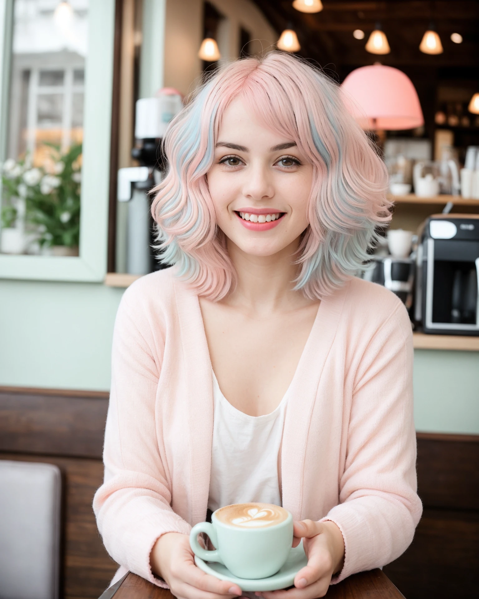 photo of a pretty girl, sitting in a cozy cafe, enjoying a cup of coffee, (((light pastel pink hair))), happy expression