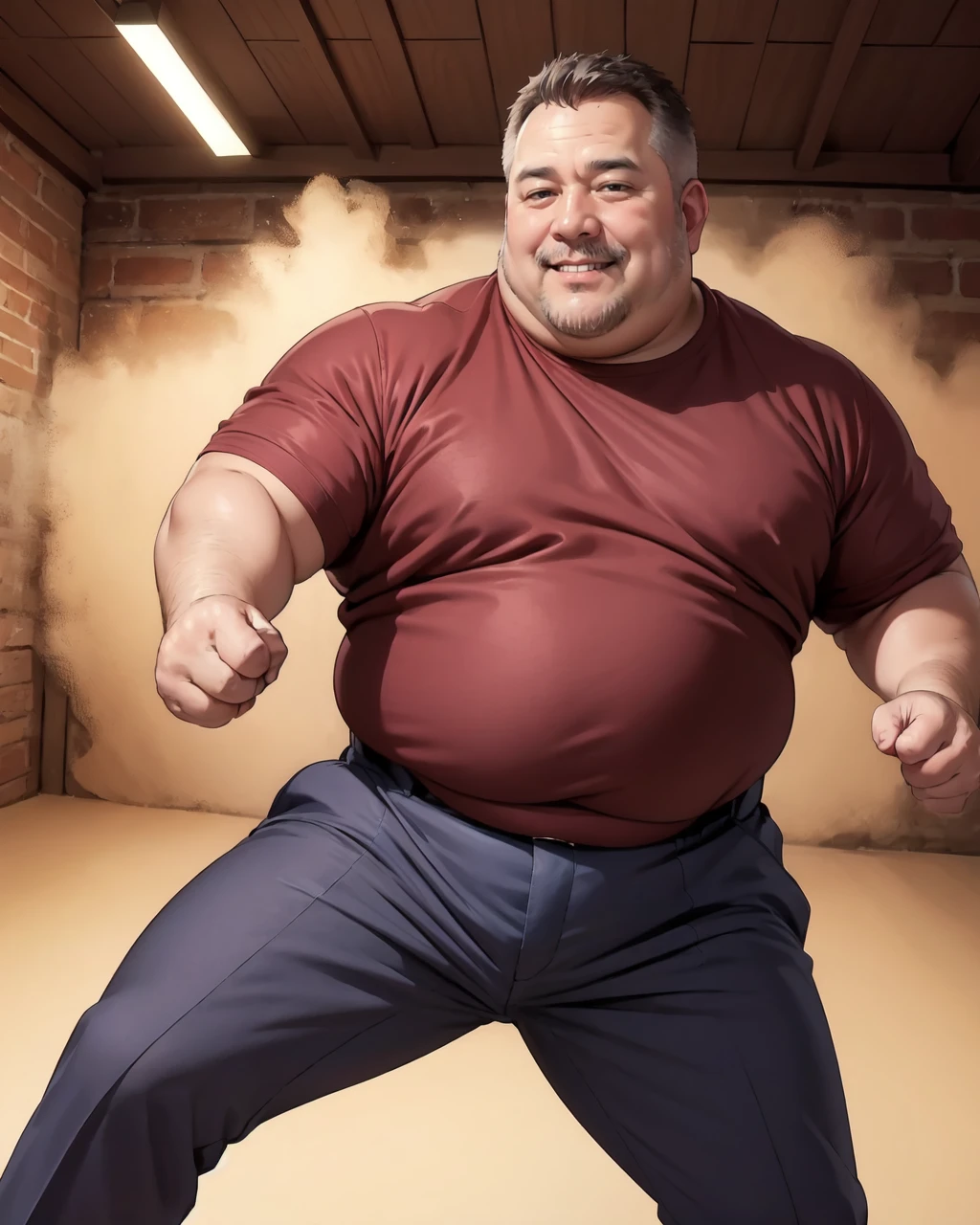 8k portrait photo of a huge burly 30 year old Middle Eastern heavyweight boxer, boxing gloves, sparring with red punching bag, blue boxing shorts, huge bushy mustache, black hair, musclebound , obese, huge biceps, (very hairy: 1.9), (chest hair: 1.9), arm hair, bare chested, sweaty,dark skin, rugged manly face, square jaw,male focus, bara, gym equipment, weights, hyperrealistic   <lora:Walrus_Mustaches:1>