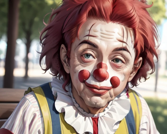 (old man clown face and red afro hair:1.5), chromatic_aberration, clown, cosplay_photo, depth_of_field, figure, film_grain, photorealistic, (a yellow vest with a red and white striped shirt:1.3), hisoka morow pose of abe takakazu, lying park bench, (detailed face:1.1)