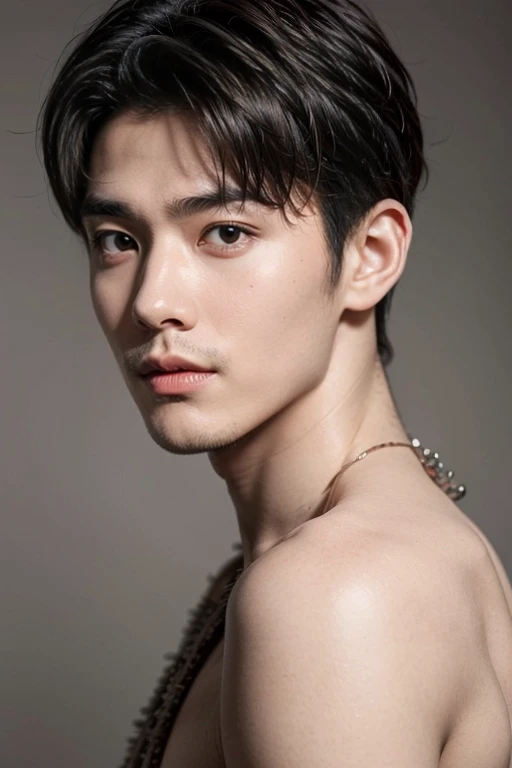 ((masterpiece)),((bestquality)),8k,high detailed,ultra-detailed,Realistic,professional photography,85mm lens,front view,halfbody shot,photograhpy,sharp focus,HD,8k,(simple background:1.4333),portrait,
1boy,(topless:1.47),solo,tall,thin,slim asian boy,handsome face,(real skin texture:1.334),Top Knot Undercut,well-proportioned hands,black eyes,thick eyebrows,solid eyes,(((Stubble))),<lora:add_detail:0.8>,([Key fill lighting|Color wash lighting|Warm light|Par lighting|Task lighting]),