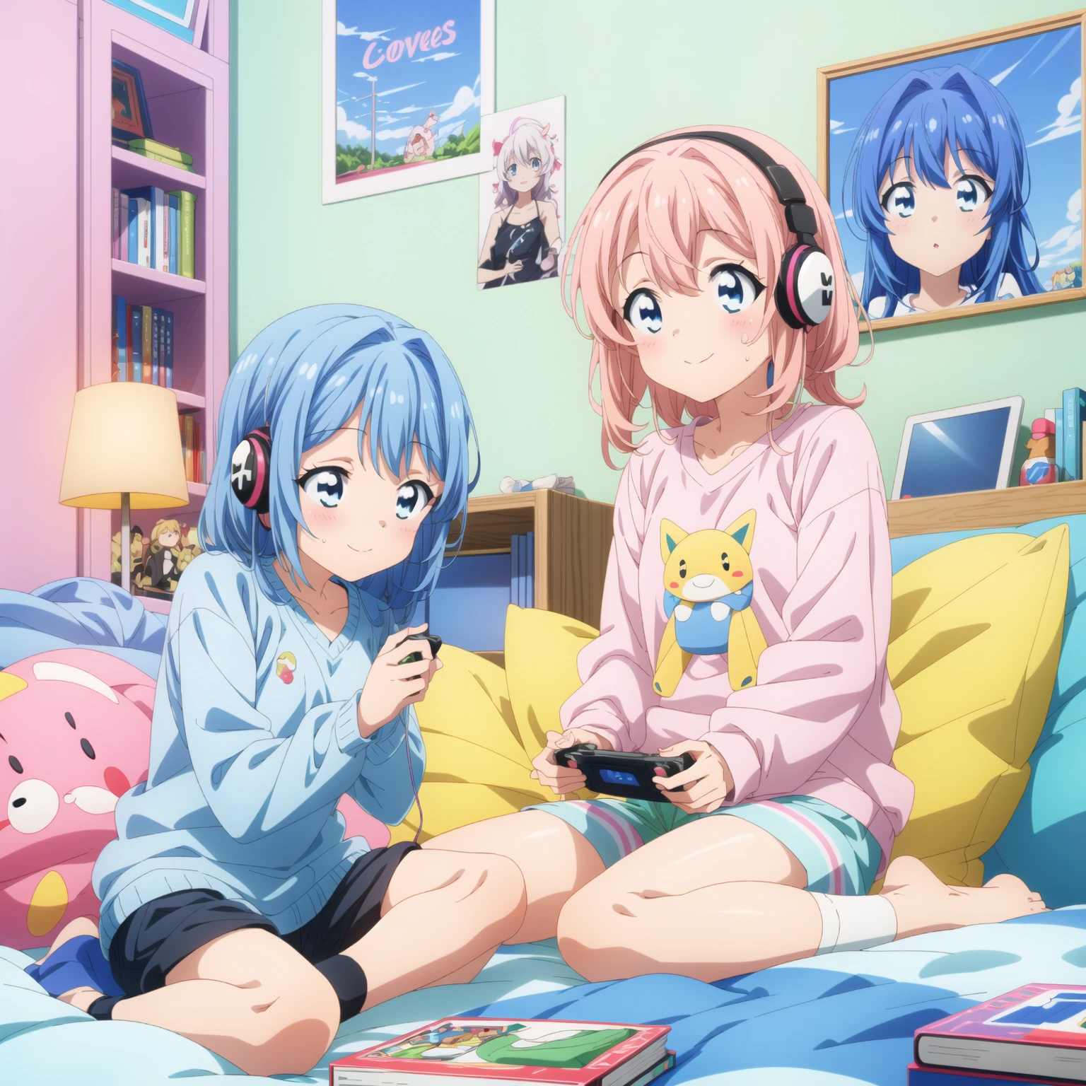 anime,anime screencap,
masterpiece, best quality, ultra-detailed, illustration, 1girl, sitting, playful, gaming, messy room, teenage, , lighthearted, cozy, relaxed, cheerful, fondness, love, friendship, cute, touching, computer game, controllers, smiles, joy, laughter, comfortable, slippers, pajamas, messy hair, tousled, disarray, cluttered, toys, posters, pillows, blankets, lamp, desk, chair, cozy atmosphere, warm lighting, bright colors, soft pastels, flowers, plants, books, headphones, snacks, soda, energy drinks, manga, novels, plushies, figurines, posters, pictures, posters, wall scrolls, stickers, decorations, bed, blankets, pillows, stuffed animals, cozy blankets, warm blankets, comfortable clothes, casual attire, leisure wear, sweatshirt, sweatpants, shorts, t-shirt, tank top, socks,