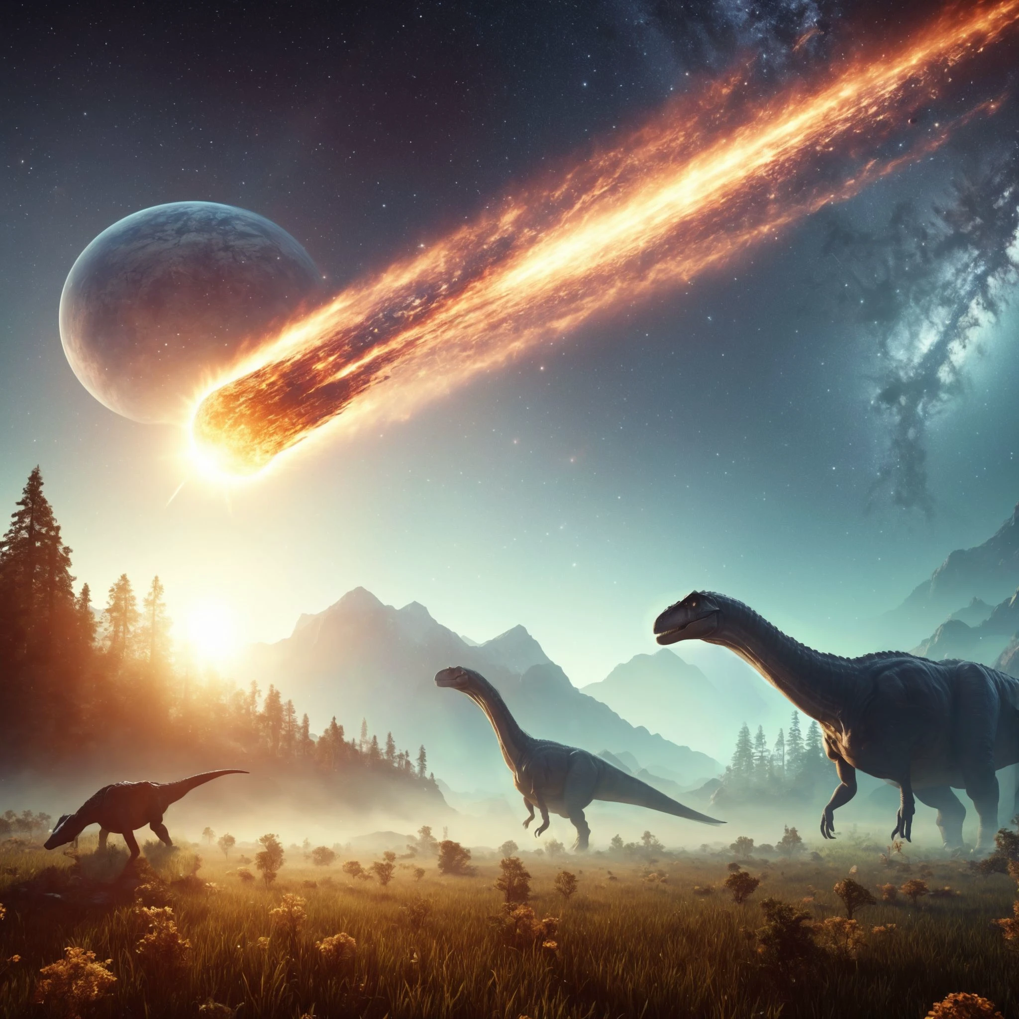 cinematic photo meteor traveling towards a planet . 35mm photograph, film, bokeh, professional, 4k, highly detailed