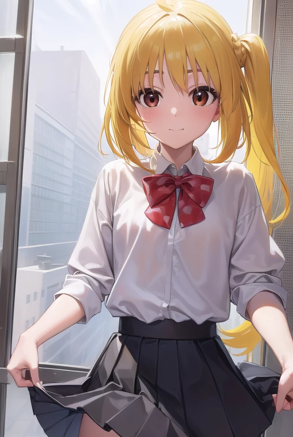 nijikaijichi, <lora:nijikaijichi-lora-nochekaiser:1>,
nijika ijichi, ahoge, (yellow hair:1.5), (brown eyes:1.5), long hair, one side up, (flat chest:1.2), smile,
BREAK (black skirt:1.5), bow, bowtie, collared shirt, pleated skirt, polka dot, polka dot bow, red bow, (red bowtie:1.5), red footwear, shirt, shoes, short sleeves, skirt, socks, (white shirt:1.5), white socks,
BREAK indoors, classroom,
BREAK looking at viewer, (cowboy shot:1.5),
BREAK <lyco:GoodHands-beta2:1>, (masterpiece:1.2), best quality, high resolution, unity 8k wallpaper, (illustration:0.8), (beautiful detailed eyes:1.6), extremely detailed face, perfect lighting, extremely detailed CG, (perfect hands, perfect anatomy),