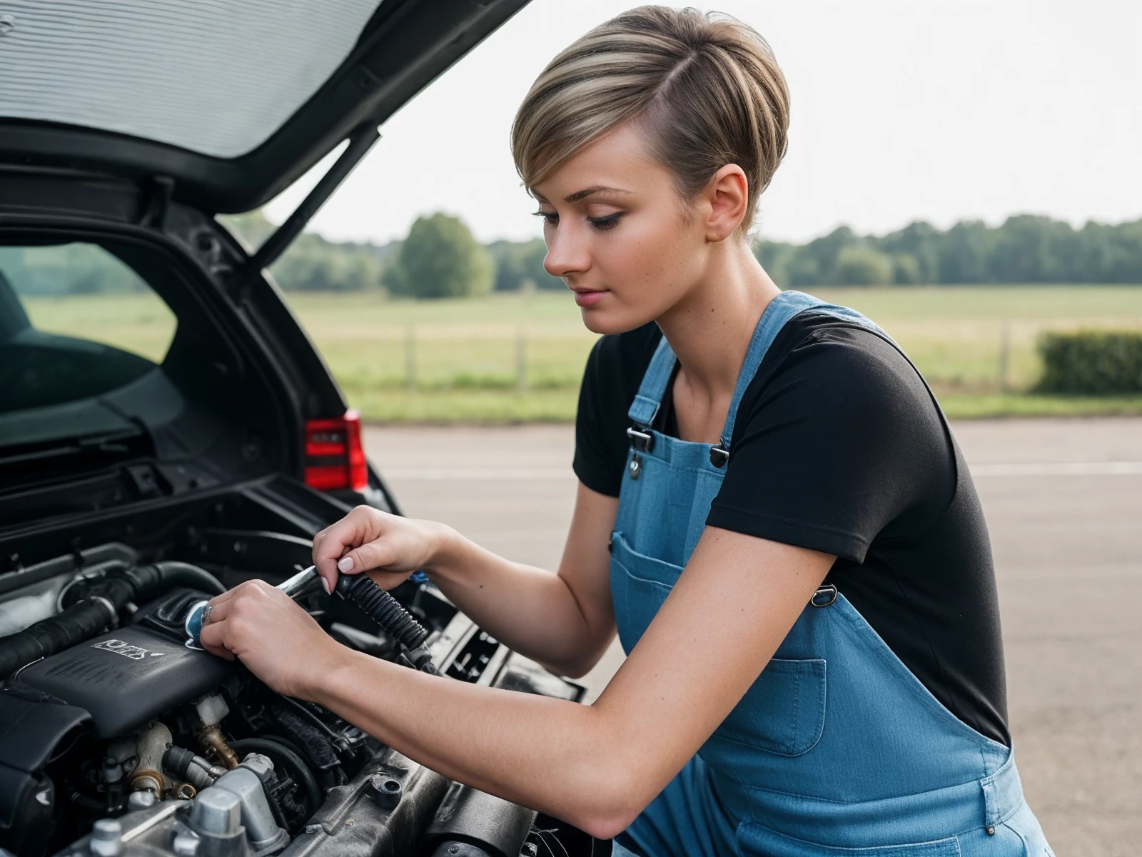 RAW photo of woman leaning over the hood of a car, dirty hands, pixie cut, she is repairing the engine, she is absorbed in the process of work, from side shot, she is looking at the engine of the car, overalls over t-shirt, (best quality), extremely detailed BREAK ca39mv6-110