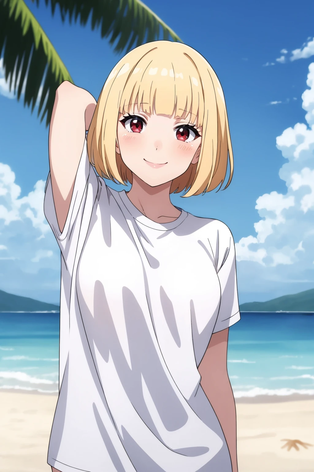 masterpiece, best quality, solo, anime screencap, petite,
short hair, blunt bangs, red eyes, blonde hair, white shirt, medium breasts, oversized clothes, seductive smile, blush, looking at viewer,
portrait, beach, blurry background,