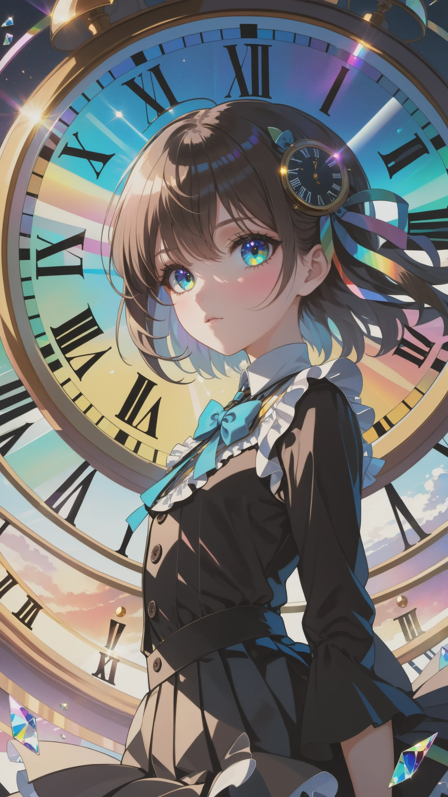 ((illustration)), ((floating hair)), ((chromatic aberration)), ((caustic)), lens flare, dynamic angle, ((portrait)), (1 girl), ((solo)), cute face, ((hidden hands)), asymmetrical bangs, (beautiful detailed eyes), eye shadow, ((huge clocks)), ((glass strips)), (floating glass fragments), ((colorful refraction)), (beautiful detailed sky), ((dark intense shadows)), ((cinematic lighting)), ((overexposure)), (expressionless), blank stare, big top sleeves, ((frills)), hair ornament, ribbons, bowties, buttons, (((small breast))), pleated skirt, ((sharp focus)), ((masterpiece)), (((best quality))), ((extremely detailed)), colorful, hdr