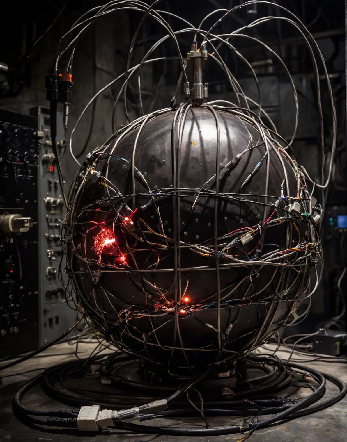 A Photograph of the demon core, metal ball with cables, science lab, cables, dark atmosphere, epic