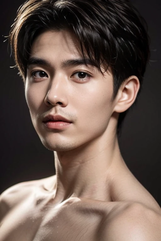 ((masterpiece)),((bestquality)),8k,high detailed,ultra-detailed,Realistic,professional photography,85mm lens,front view,halfbody shot,photograhpy,sharp focus,HD,8k,(simple background:1.4333),portrait,
1boy,(topless:1.47),solo,tall,thin,slim asian boy,handsome face,(real skin texture:1.334),Top Knot Undercut,well-proportioned hands,black eyes,thick eyebrows,solid eyes,(((Stubble))),<lora:add_detail:0.8>,([Blade lighting|Flood lighting|cinematic lighting|Gobo lighting|Glare-free lighting]),
