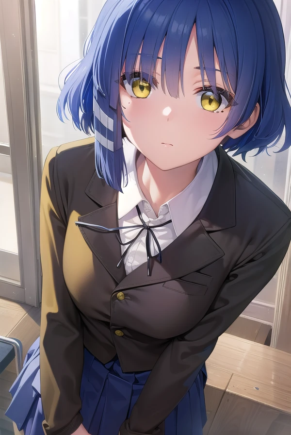 ryouyamada, <lora:ryouyamada-lora-nochekaiser:1>,
ryou yamada, blue hair, eyes visible through hair, mole, mole under eye, short hair, (yellow eyes:1.5), hairclips,
BREAK black pantyhose, black ribbon, blue skirt, brown footwear, loafers, long sleeves, pantyhose, ribbon, school uniform, shimokitazawa high school uniform, shirt, shoes, skirt, white shirt,,
BREAK indoors, classroom,
BREAK looking at viewer, (cowboy shot:1.5),
BREAK <lyco:GoodHands-beta2:1>, (masterpiece:1.2), best quality, high resolution, unity 8k wallpaper, (illustration:0.8), (beautiful detailed eyes:1.6), extremely detailed face, perfect lighting, extremely detailed CG, (perfect hands, perfect anatomy),