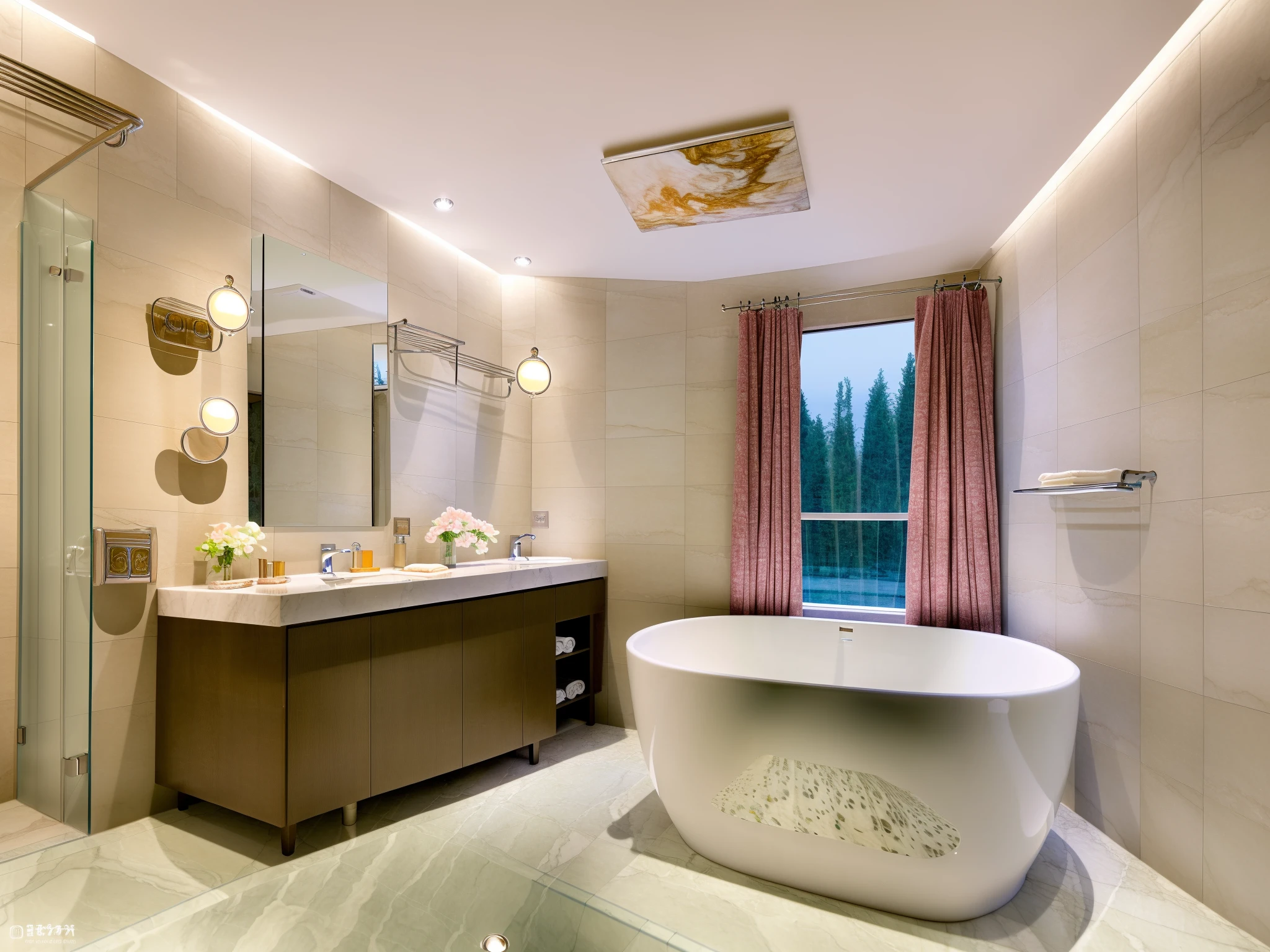 <lora:JJsBathroom:.7>((best quality)),((masterpiece)),((realistic)), , photorealistic, sky, dslr, RAW photo ,authentic, soft lighting,film grain, Fujifilm XT3 , (((Bathroom))) ,indoor scenery, reflection ,wall ,rug , lamp, flower, vase ,bathtub ,ceiling , plant, window ,curtain,faucet,basin,toilet, marble floor, ceiling light,flower petal on water,