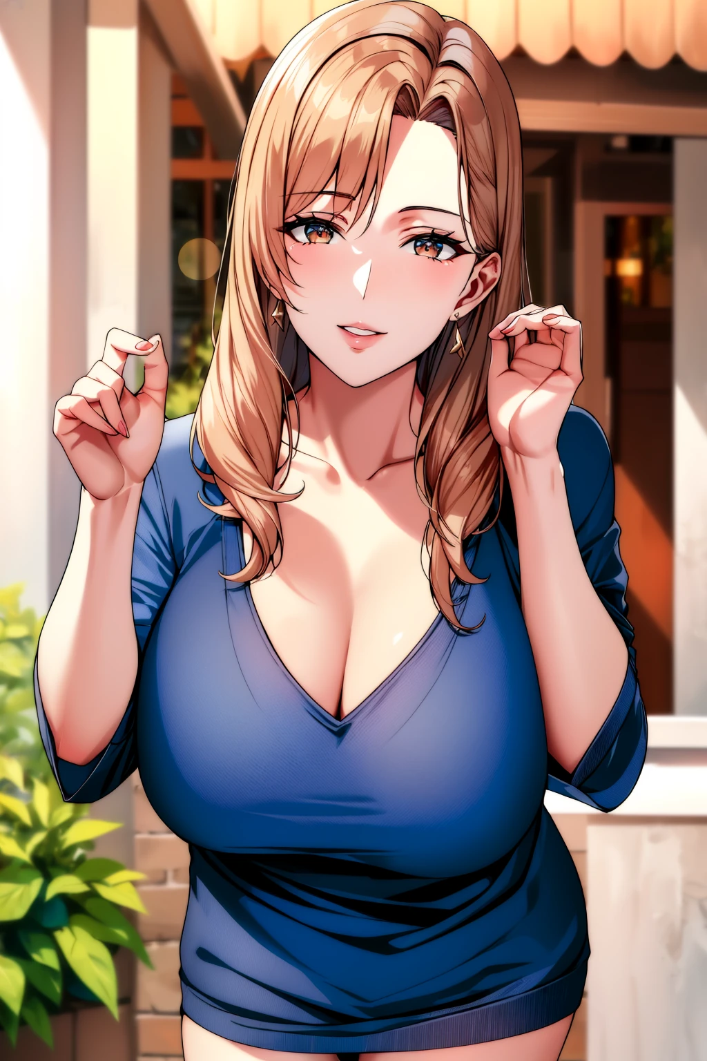 (masterpiece, best_quality),4k,8k,bokeh,absurdres,highres,ultra high res,blurry background,woman,mature female,hand on breast,looking at viewer,facing viewer,close-up,smile,earrings,parted lips,collarbone,<lora:mommyfy_V2:1>,outdoors,