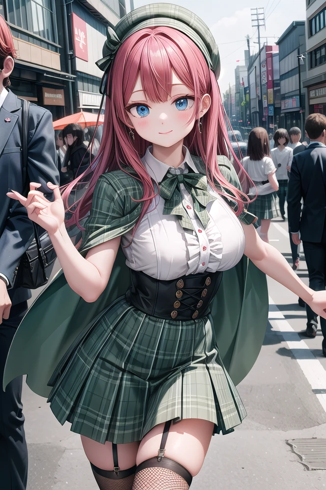 insanely detailed, absurdres, ultra-highres, ultra-detailed, best quality,
1girl, solo, nice hands, perfect hands,
BREAK
((gothic dress, Idol costume):1.3), (green and white theme:1.2), (white blouse:1.4), ((white collar, tie):1.3), (open short-cape:1.3), (short sleeve:1.2), (green tartan-check pattern (ruffle-skirt, multilayer-skirt):1.4), (white basque-beret with ribbon:1.3), (Fishnet stockings:1.3), (glove:1.2)
BREAK
happy smile, laugh, closed mouth, standing,
45 angle,
cute pose, cowboy shot,
BREAK
slender, kawaii, perfect symmetrical face, ultra cute girl, ultra cute face, ultra detailed eyes, ultra detailed hair, ultra cute, ultra beautiful,
BREAK
in harajuku, shibuya, tokyo, street, crowd, cityscape,
BREAK
large breasts,
(red hair, blue eyes), hime cut
