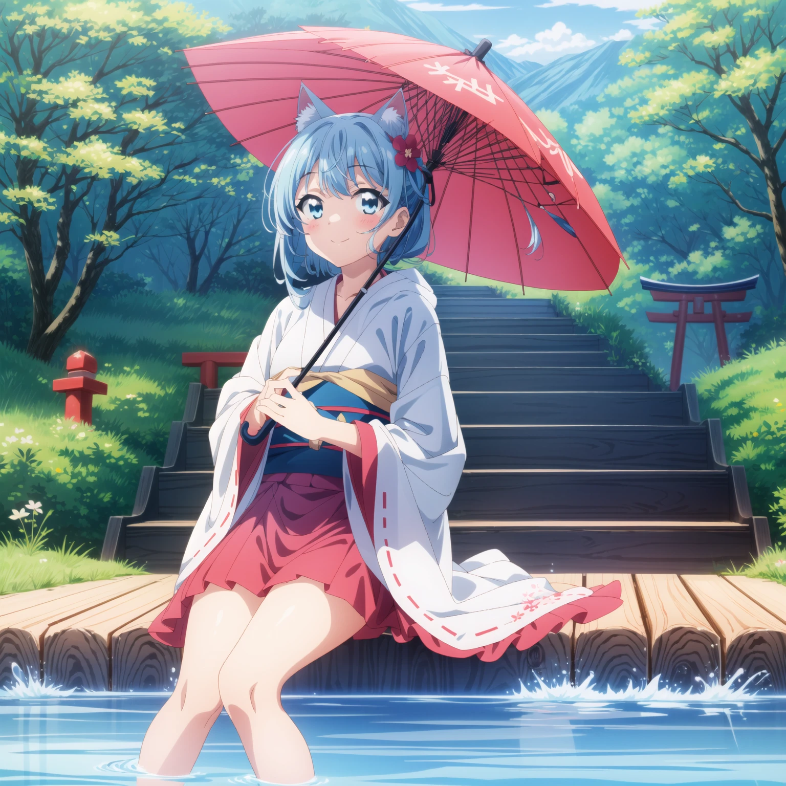 anime,anime screencap,
(best quality),(masterpiece),(ultra detailed),(highres),production art,1girl, oil-paper umbrella, umbrella, japanese clothes, kimono, uchikake, torii, fox, veil, long hair, solo, blue eyes, flower, outdoors, holding, stairs, sitting, looking at viewer, wataboushi, bangs, holding umbrella, water, multiple torii, sunlight, long sleeves, wide sleeves, animal, blush, hair ornament, hood, smile, bride, closed mouth, day, white kimono, cat, red umbrella,