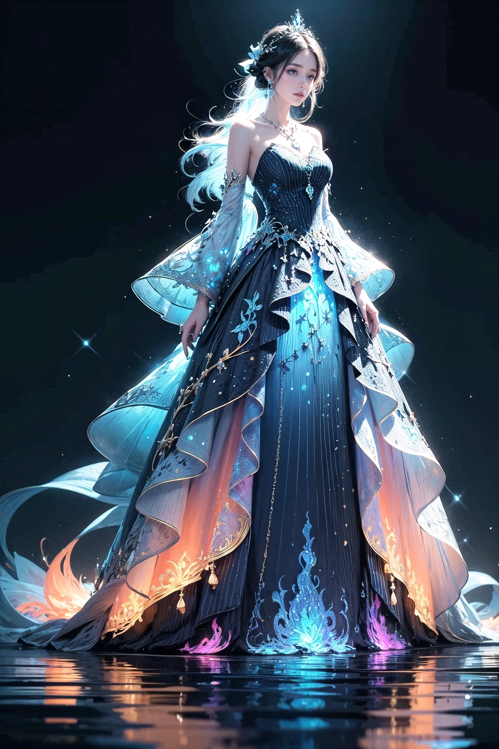 <lora:wrenchfaeflare:1>, wrenchfaeflare, glowing, 1girl, embroidery, accessories, necklace, earrings, reflection, multicolored clothes, refraction, blue theme, blue dress, pinstripe pattern,