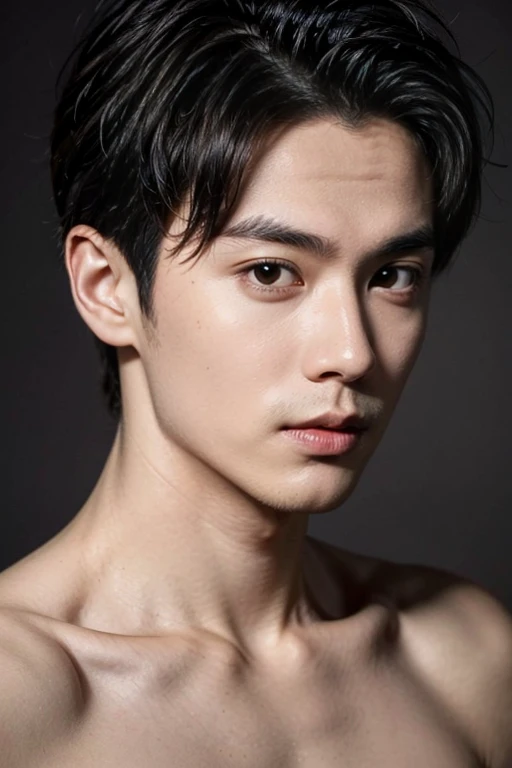 ((masterpiece)),((bestquality)),8k,high detailed,ultra-detailed,Realistic,professional photography,85mm lens,front view,halfbody shot,photograhpy,sharp focus,HD,8k,(simple background:1.4333),portrait,
1boy,(topless:1.47),solo,tall,thin,slim asian boy,handsome face,(real skin texture:1.334),1950s Hairstyles for Men,well-proportioned hands,black eyes,thick eyebrows,solid eyes,(((Stubble))),<lora:add_detail:0.8>,([Staged lighting|Key fill lighting|cold light|Gobo lighting|Task lighting]),
